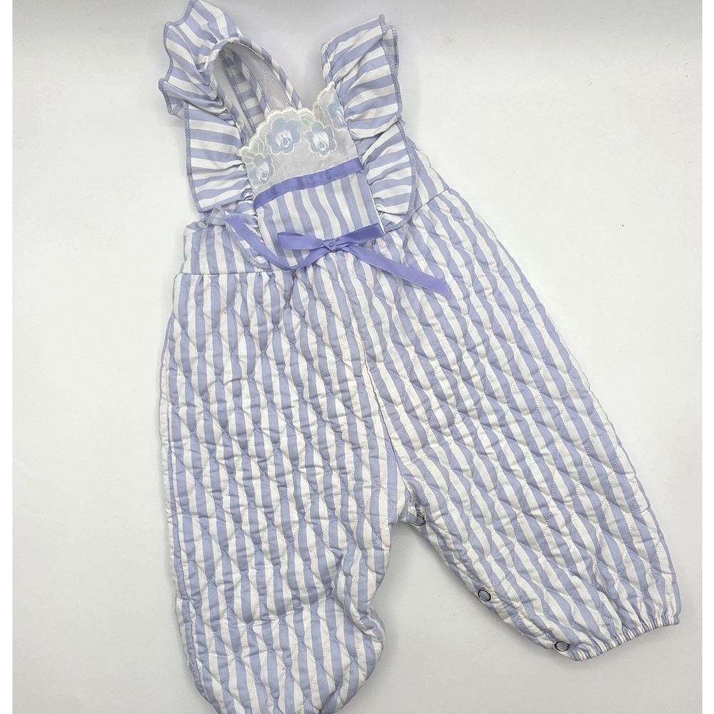 Vintage Blue White Striped Quilted Ruffle Floral Baby Overalls 6-9 Months‎